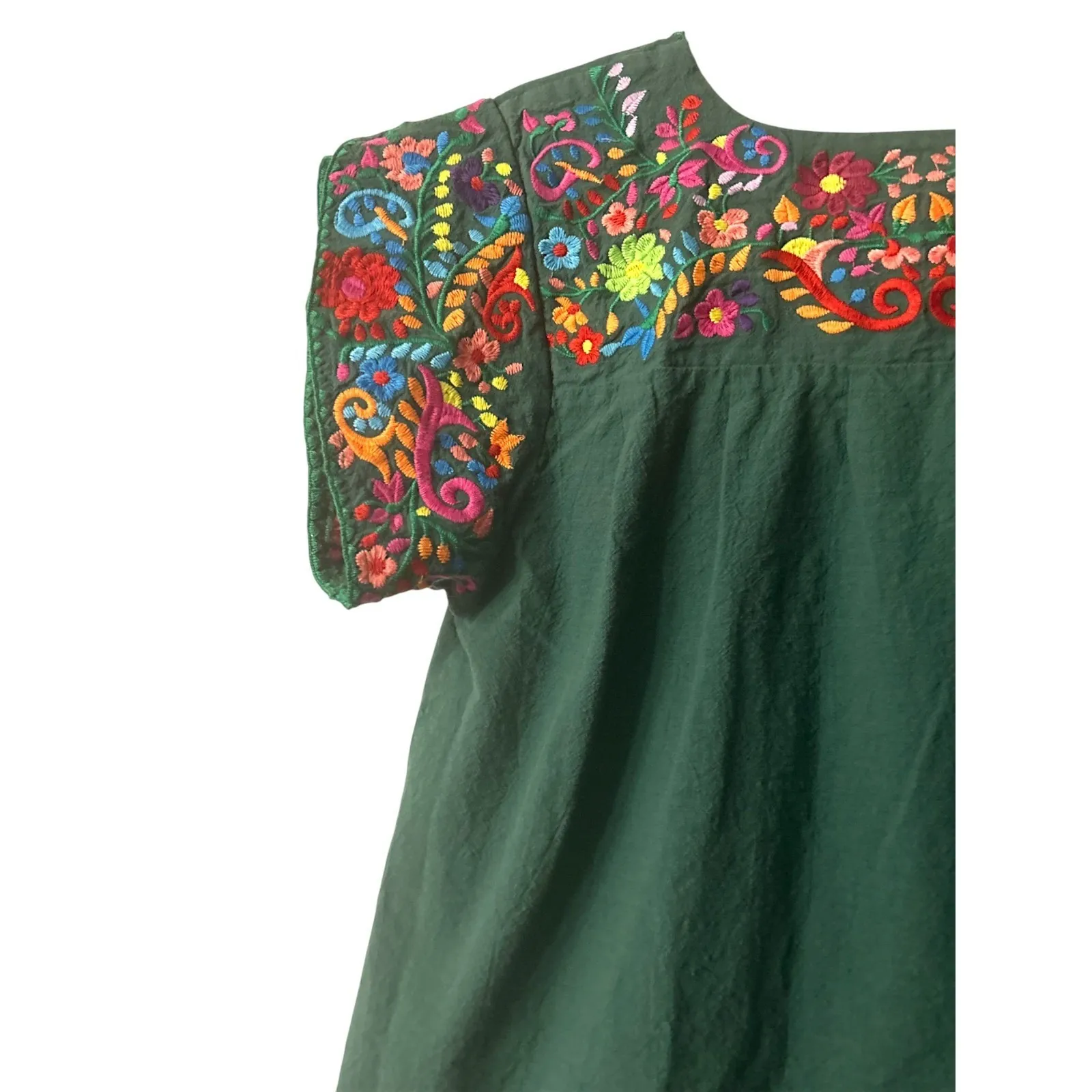 Mexican Embroidered Top S Green Puff Sleeve 100% Cotton Traditional Fiesta Artsy - Image 12