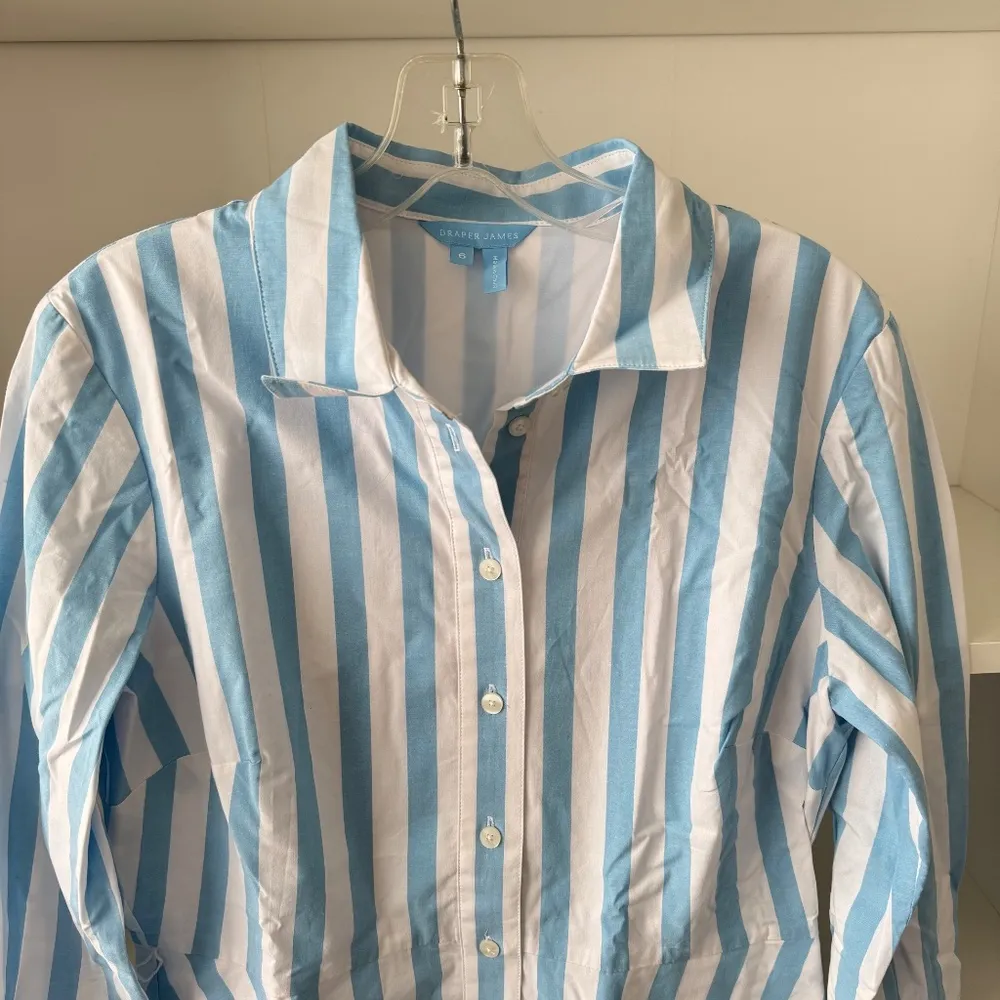 DRAPER JAMES Carly Blue White Striped Cotton Shirt Dress in Awning Stripe - Image 8