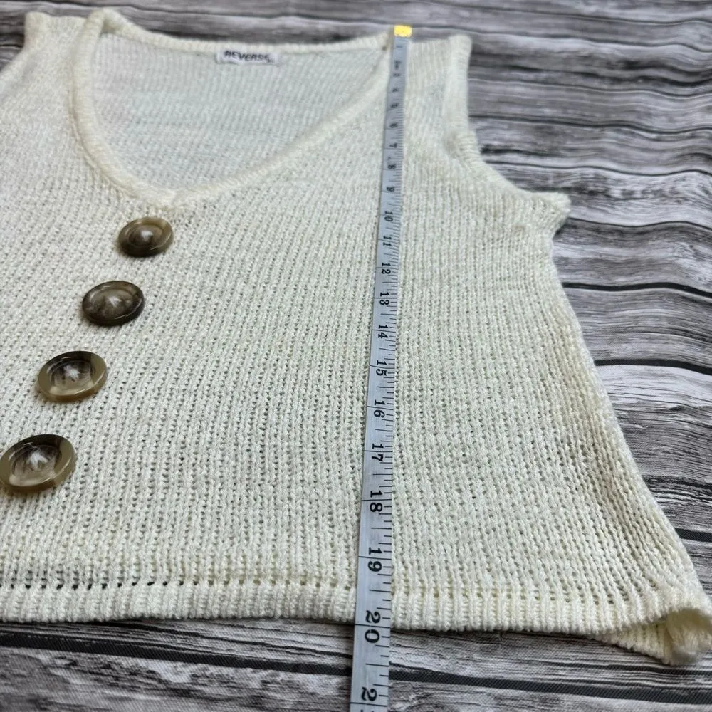 Reverse Women's Sleeveless Tank Top V Neck Sweater Vest M/L Ivory Cream Buttons - Image 12
