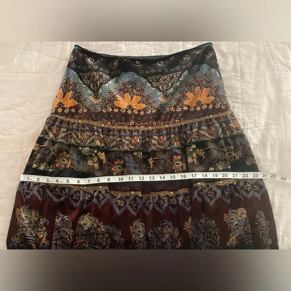 Vintage Y2K I.C.E. Boho Gypsy Witchy Tapestry Velour Tiered Peasant Midi Skirt 4 Black - Image 13