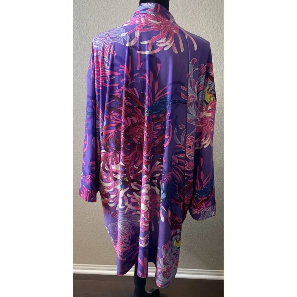 Attitudes By Renee 2XP Cardigan‎ Kimono Pink Purple Parrot Floral Open Front NEW Size undefined - Image 2