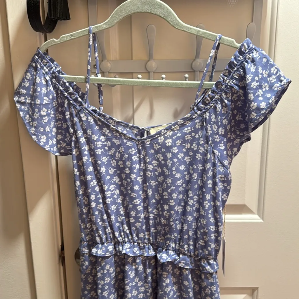 Jessica Simpson Blue Floral Off The Shoulder Ruffle Mini Dress Women's‎ Small - Image 3