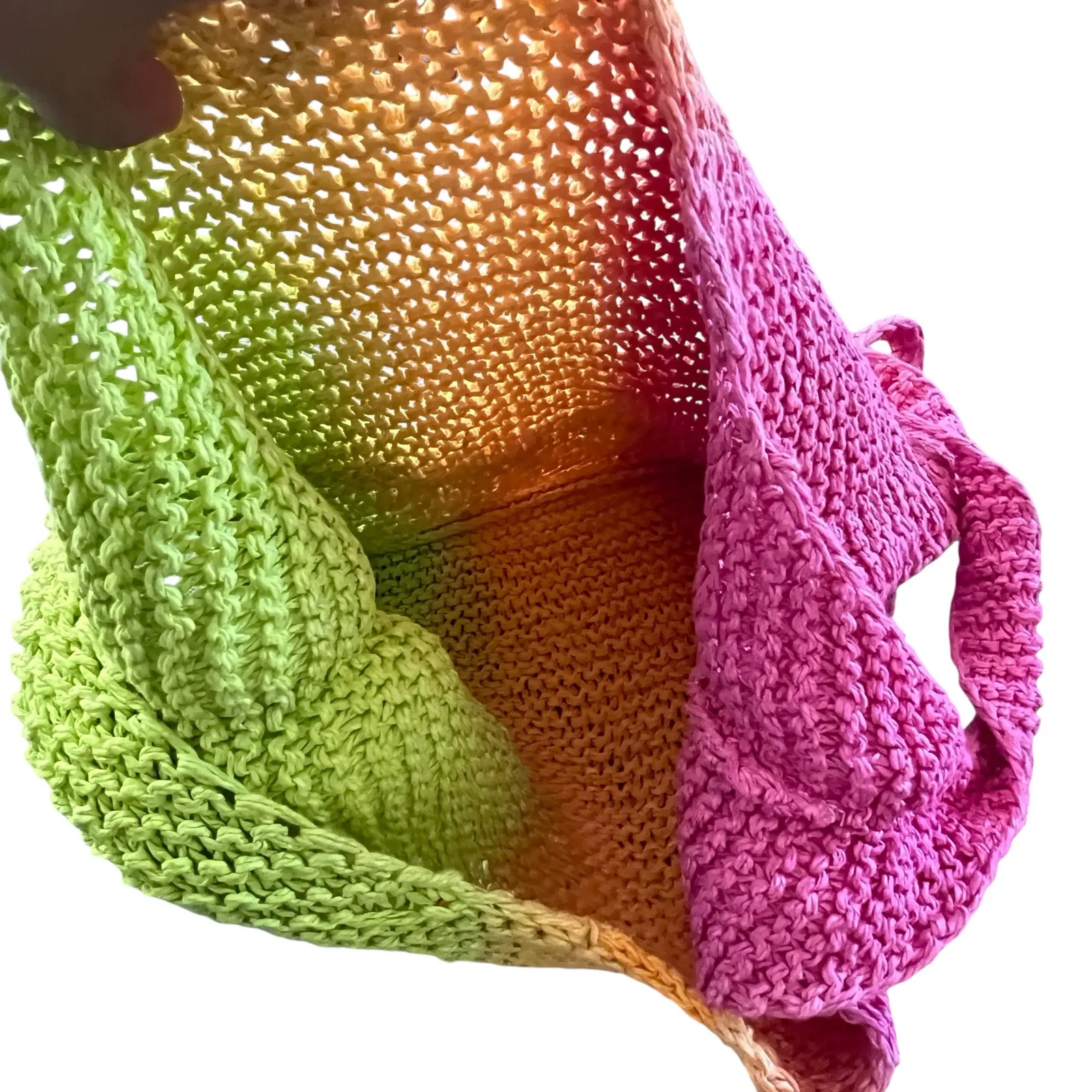 NEW Crocheted Crossbody Hobo Bucket Bag Adjustable Tie Straps Green Orange Pink - Image 2