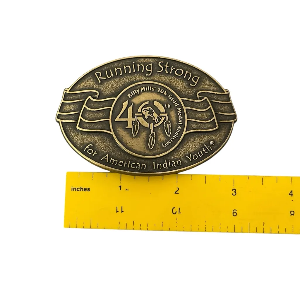 VTG Running Strong For American Indian Youth Brass Belt Buckle Billy Mills 40th - Image 8