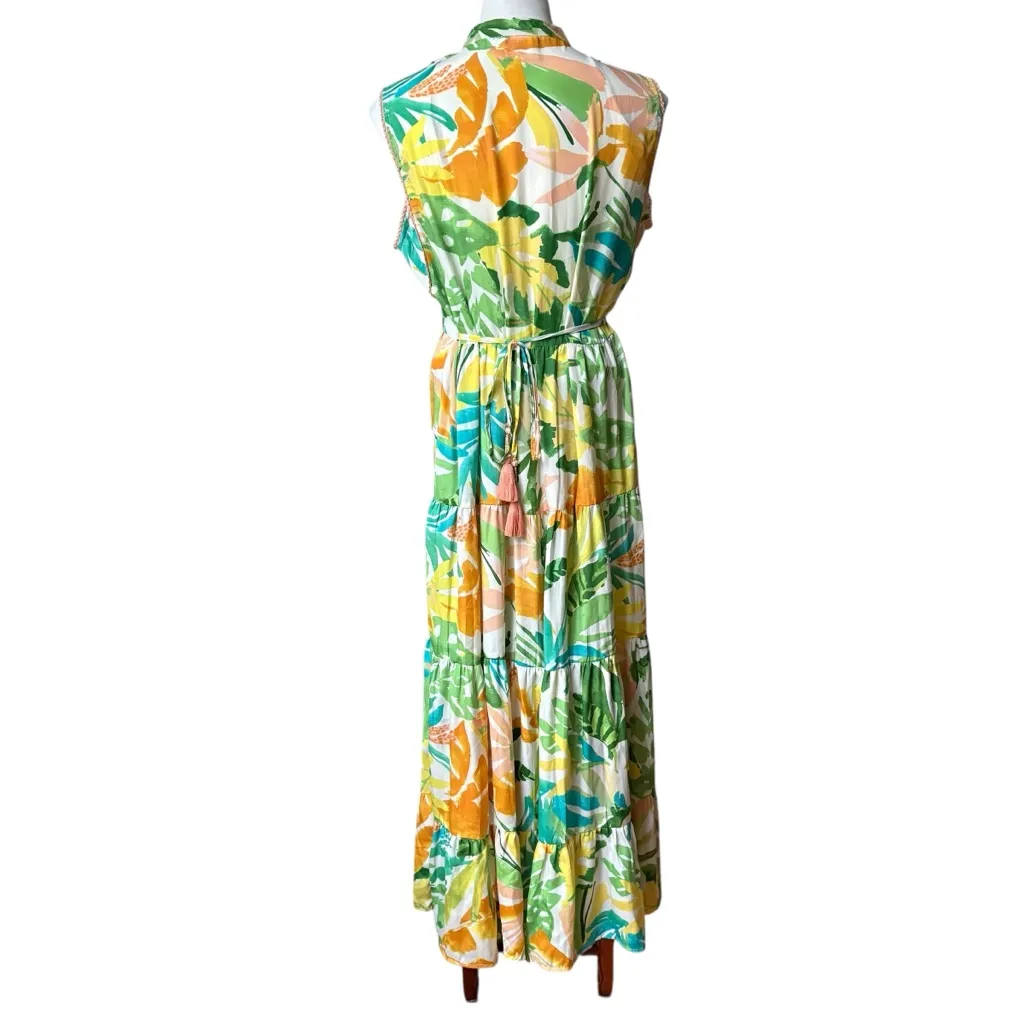 True Destinations Sleeveless Palm Print Tiered Button Down Maxi Dress, Sz XL Green - Image 3