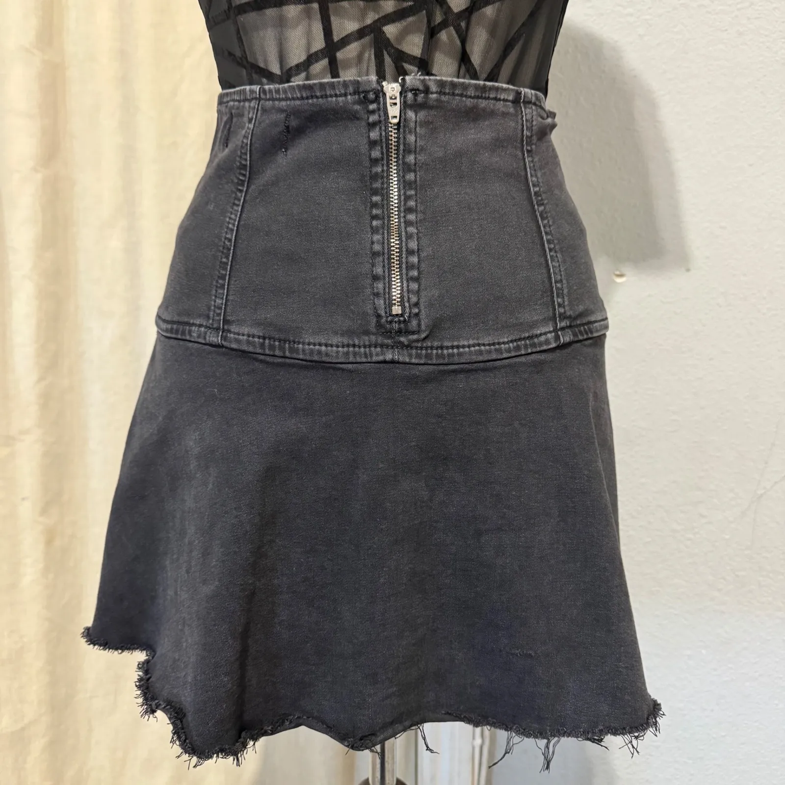 Free People Black Highlands Washed Denim A Line Mini Skirt Distressed Raw Hem 0 - Image 6