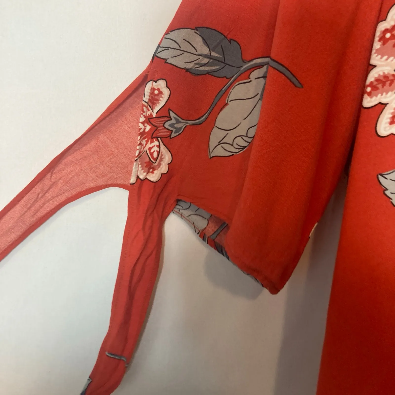 Loft Red Floral Lightweight Tie Short Sleeves Waist Crossover V-Neck Blouse Top - Image 9