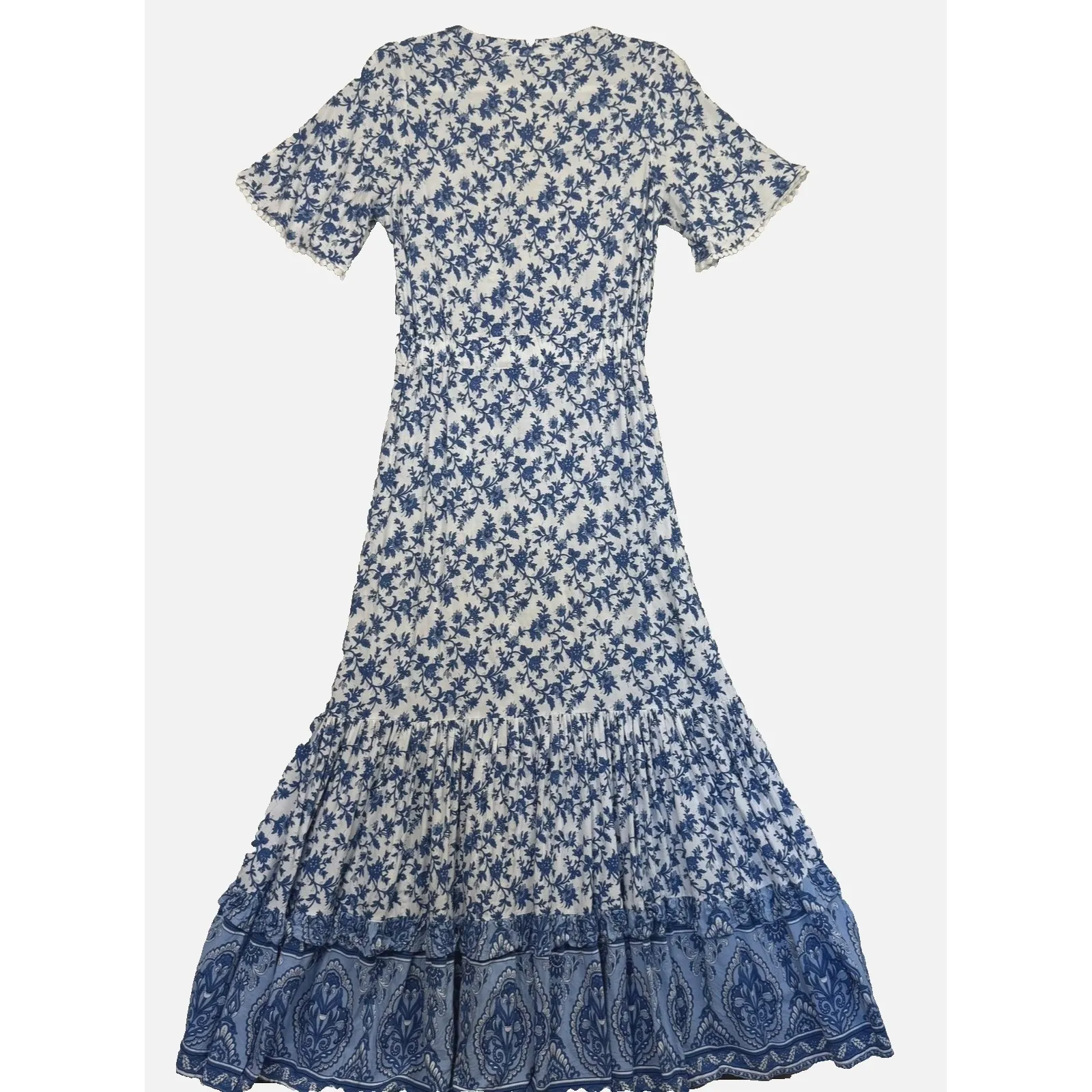 R.Vivimos Dress Womens Small Blue White Boho Floral Maxi Short Sleeve Tassel Tie - Image 2