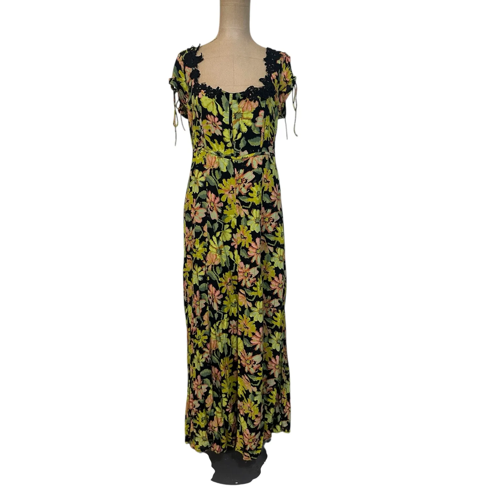 Free People Midi Dress Pippa Green Floral Print Puff Sleeve Square Neck - Image 5