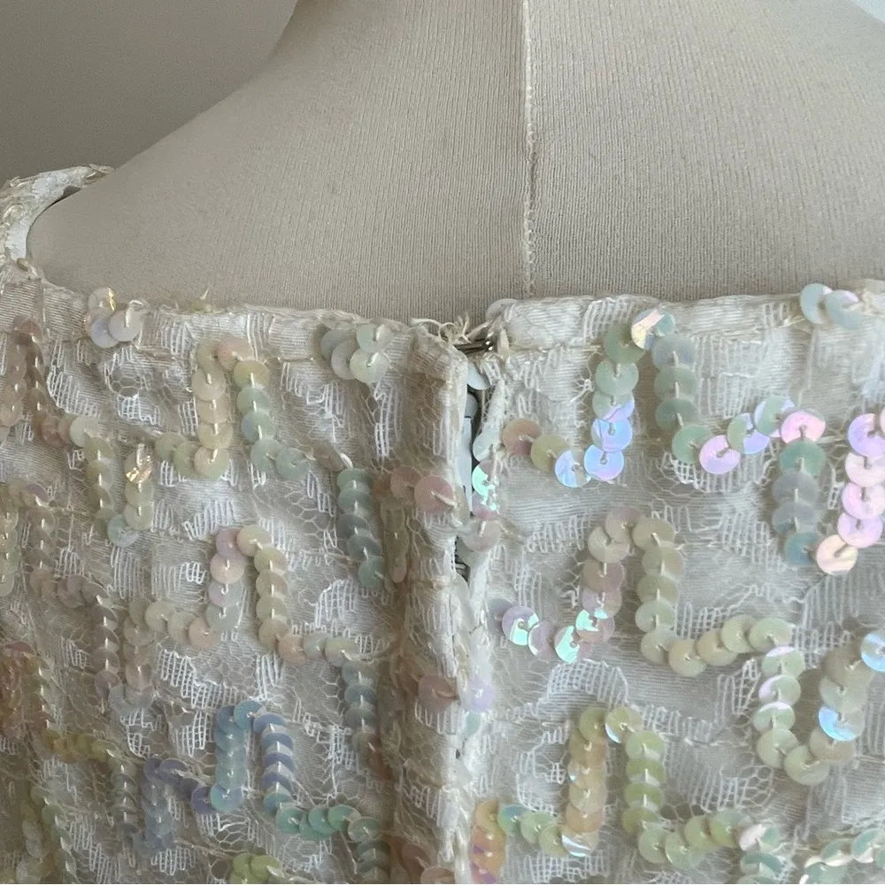 Vintage 1960s White Iridescent Sequin on Lace Sleeveless Top w Bows ILGWU Small - Image 5
