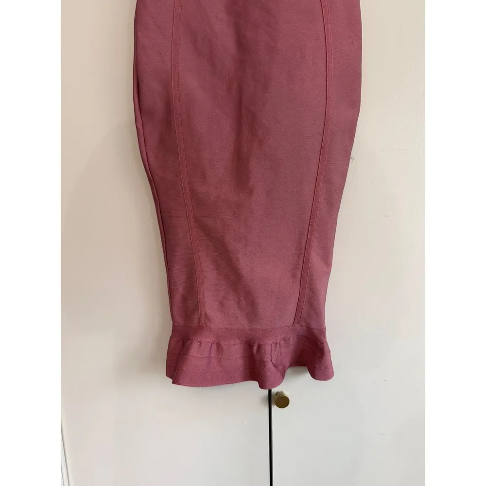PRETTYLITTLETHING Pink‎ Strapless Bodycon Midi Dress Ruffle Hem Fishtail Size 6 - Image 4