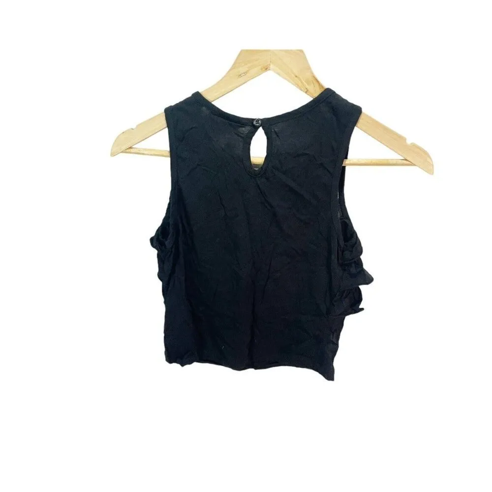 Guess Jeans S Black Sleeveless Ruffle Lace Crop Top Womens Casual Stretch - Image 2