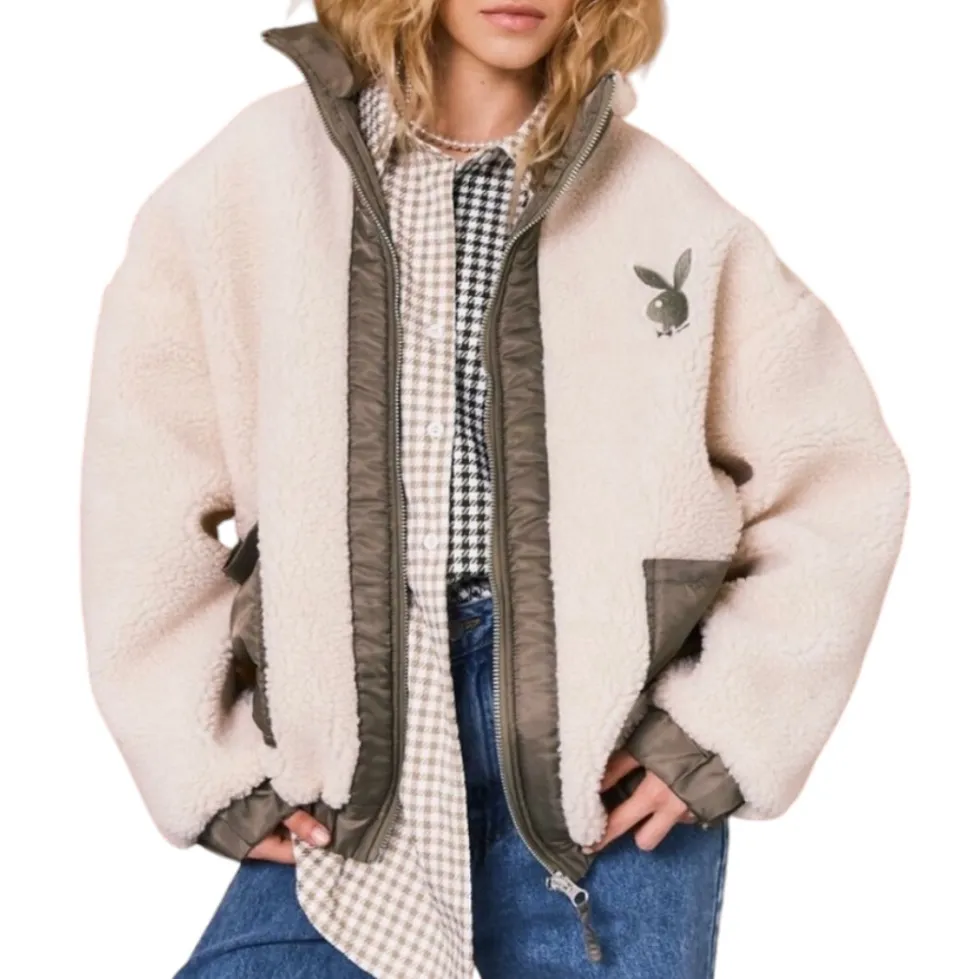 Playboy x Missguided Jacket Bomber Fleece Bunny Logo Ivory Olive Women’s Size 4 - Image 3