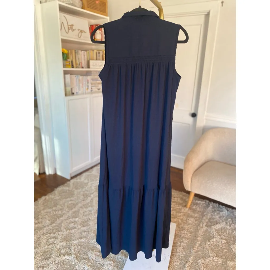 Tommy Hilfiger Navy Button Front Maxi Dress Quiet Luxury Elegant Coastal Classic - Image 3