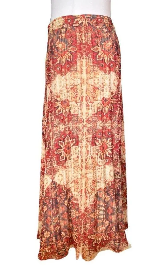 Akemi + Kin Boho Midi Skirt Red Printed Pleated Flowy Size Medium - Image 3