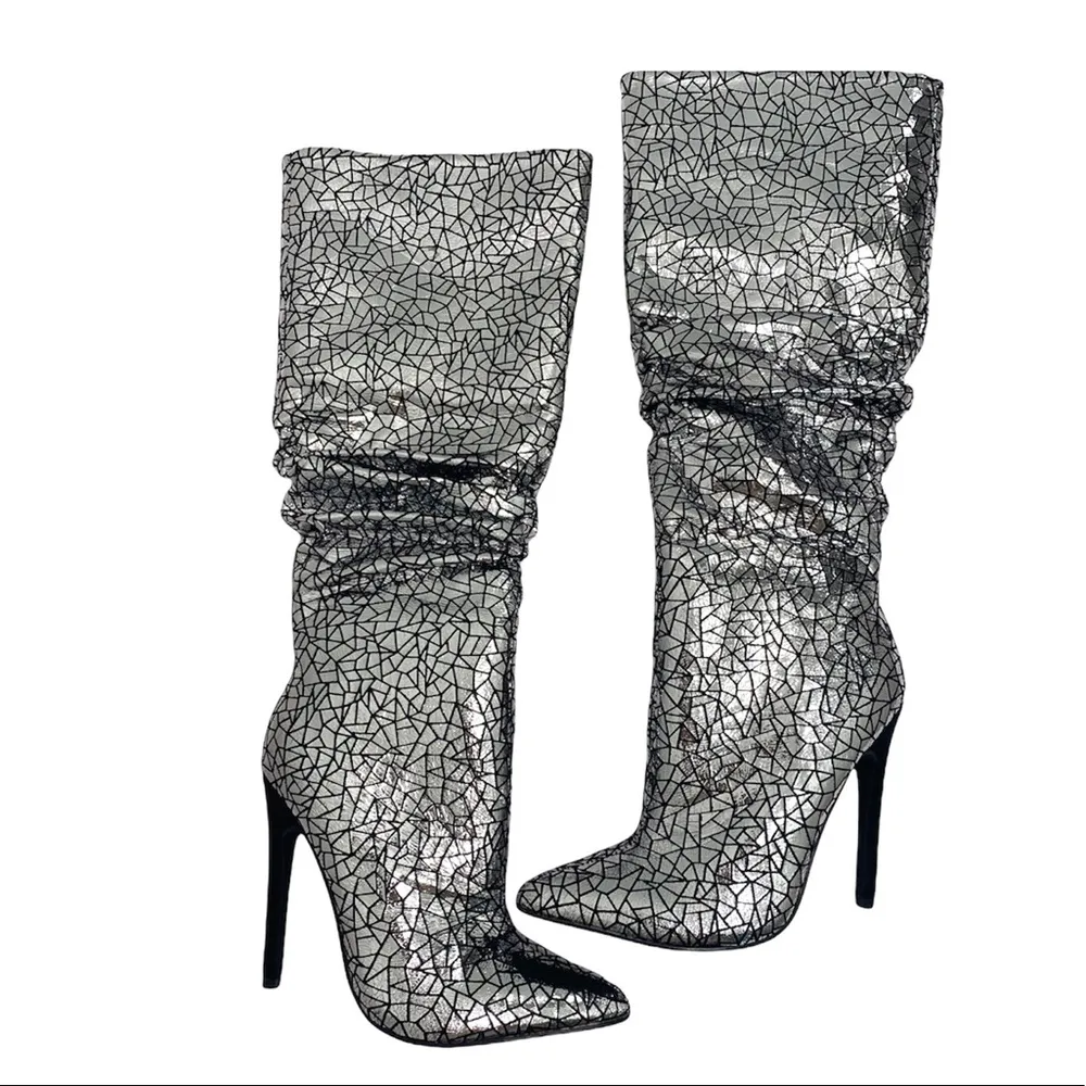 ShoeDazzle Beckey Slouchy Stiletto Boot Faux Leather Silver Foil Size 5.5 New - Image 5