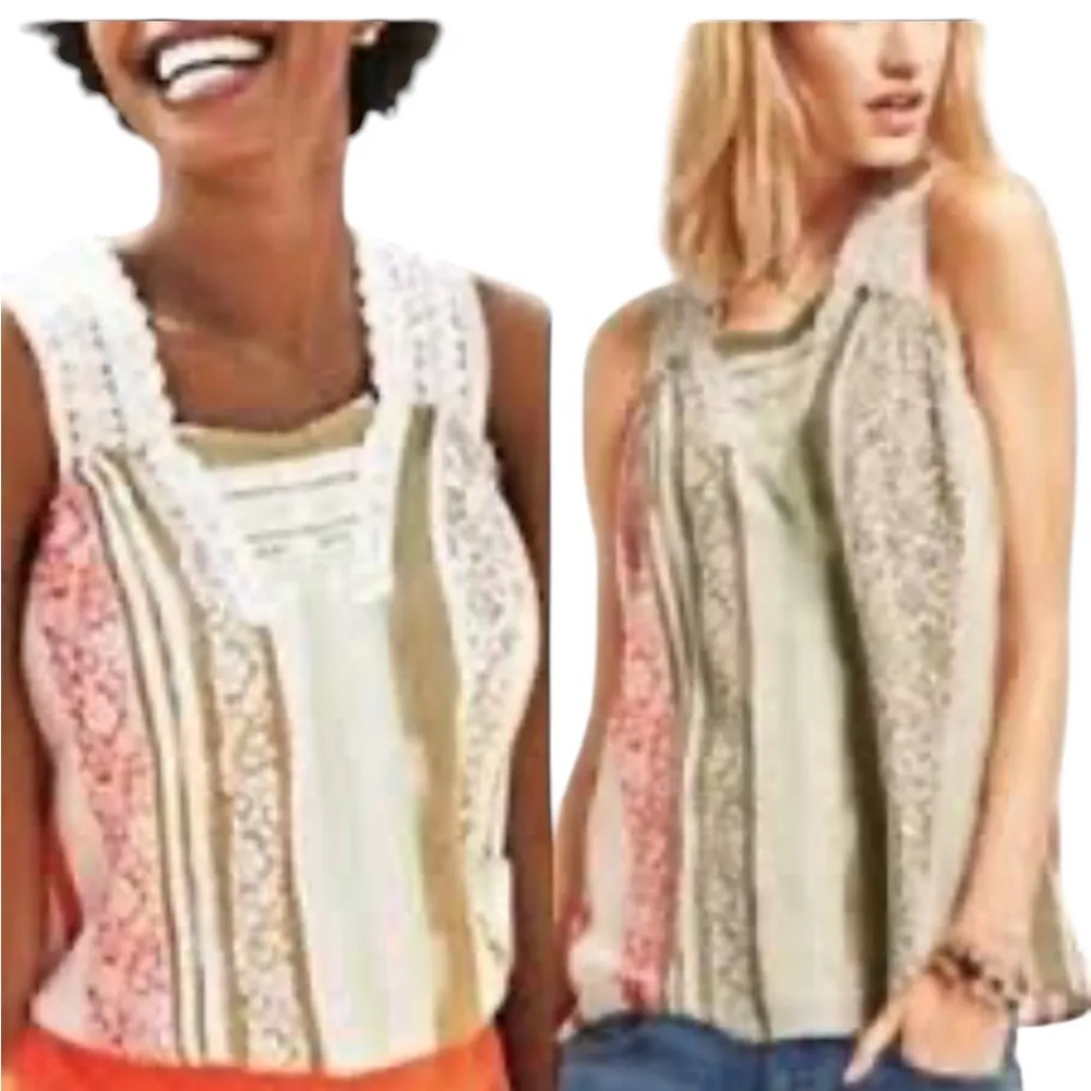 CABI BOHO WHISPER GAUZE CROCHET LACE FLORAL STRIPED MULTI TANK TOP M - Image 4