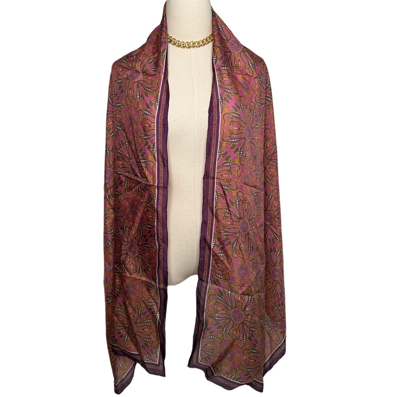 Vintage 100% silk dragon print scarf handmade rolled edge extra long XL 25x78" Purple - Image 9