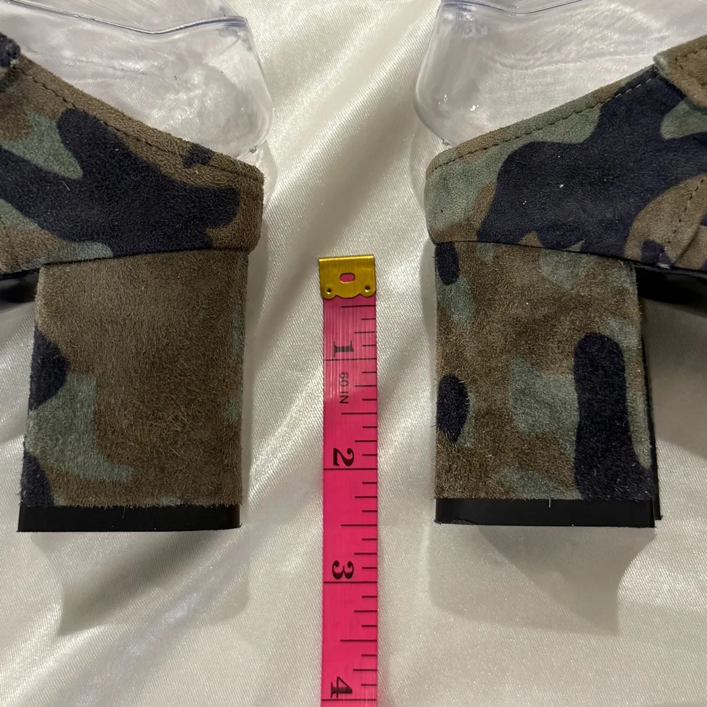 Marion Parke Lora Heeled Sandals Size 37/7 Green Camo Suede Block Heel Chic Edgy - Image 10