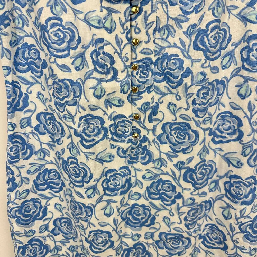 Sail To Sable Linen Blend Midi Dress Rose Floral Blue Resort Cottage XXS NWT - Image 16