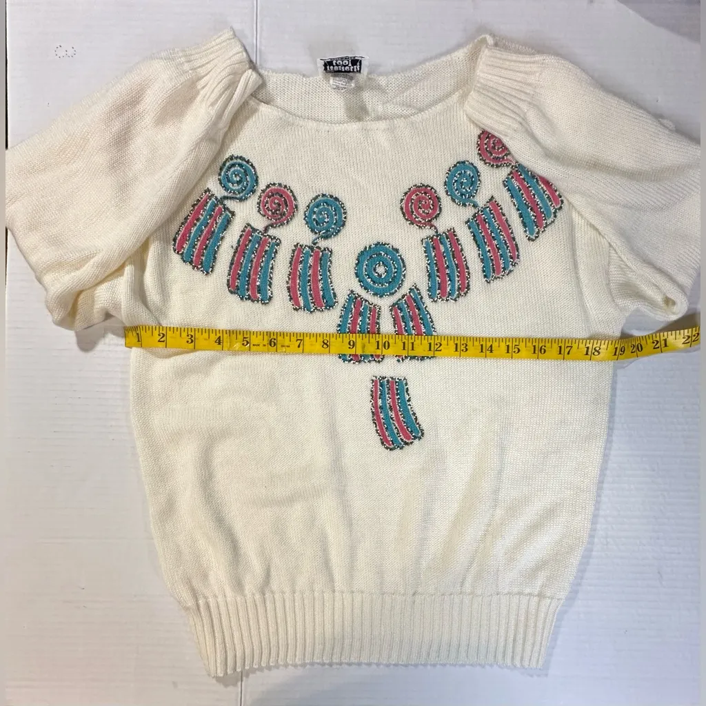 Vintage Kenneth Too Ivory Aztec Pullover Sweater Turquoise Embellished Sz S/M Blue - Image 5