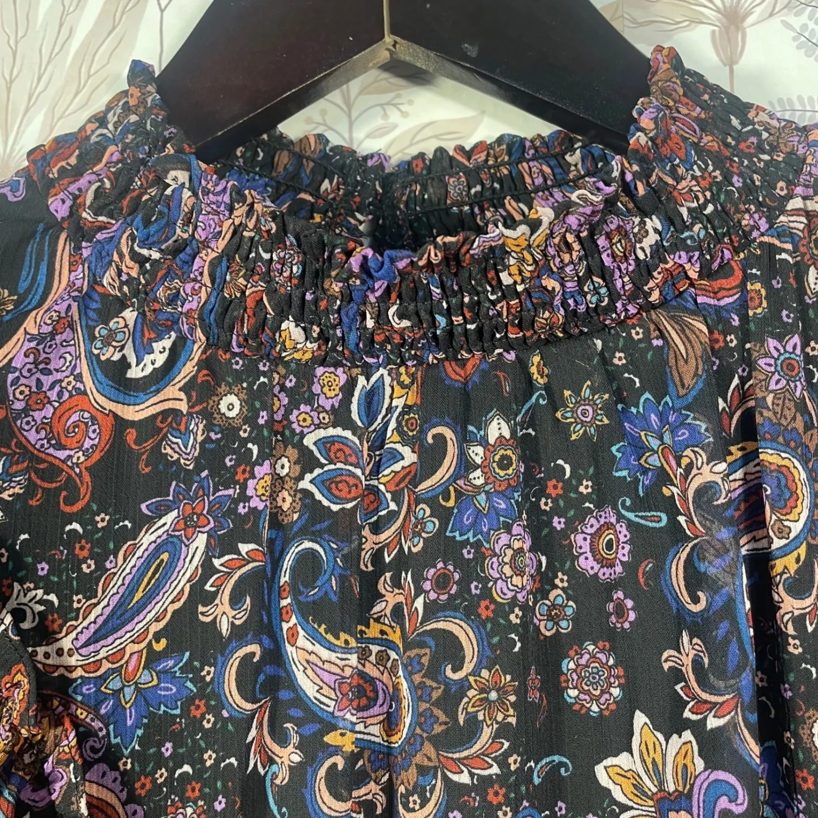 Fate Women's Boho Paisley Mini Dress M Ruffle Long Sleeve Sheer Lined Multicolor Black Size M - Image 5