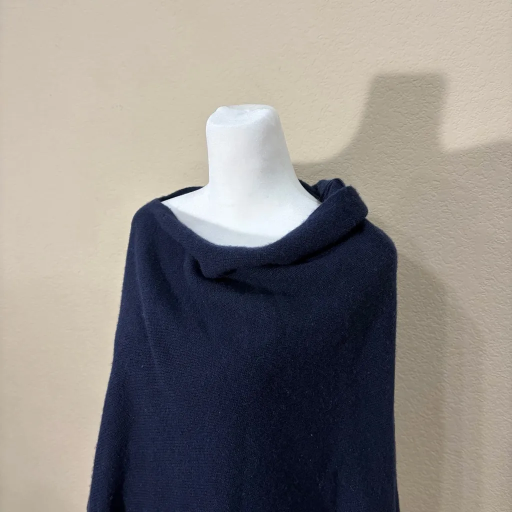 Talbots One Size Cashmere Wool Blend Navy Poncho Fringe Ball Classic Luxury - Image 2