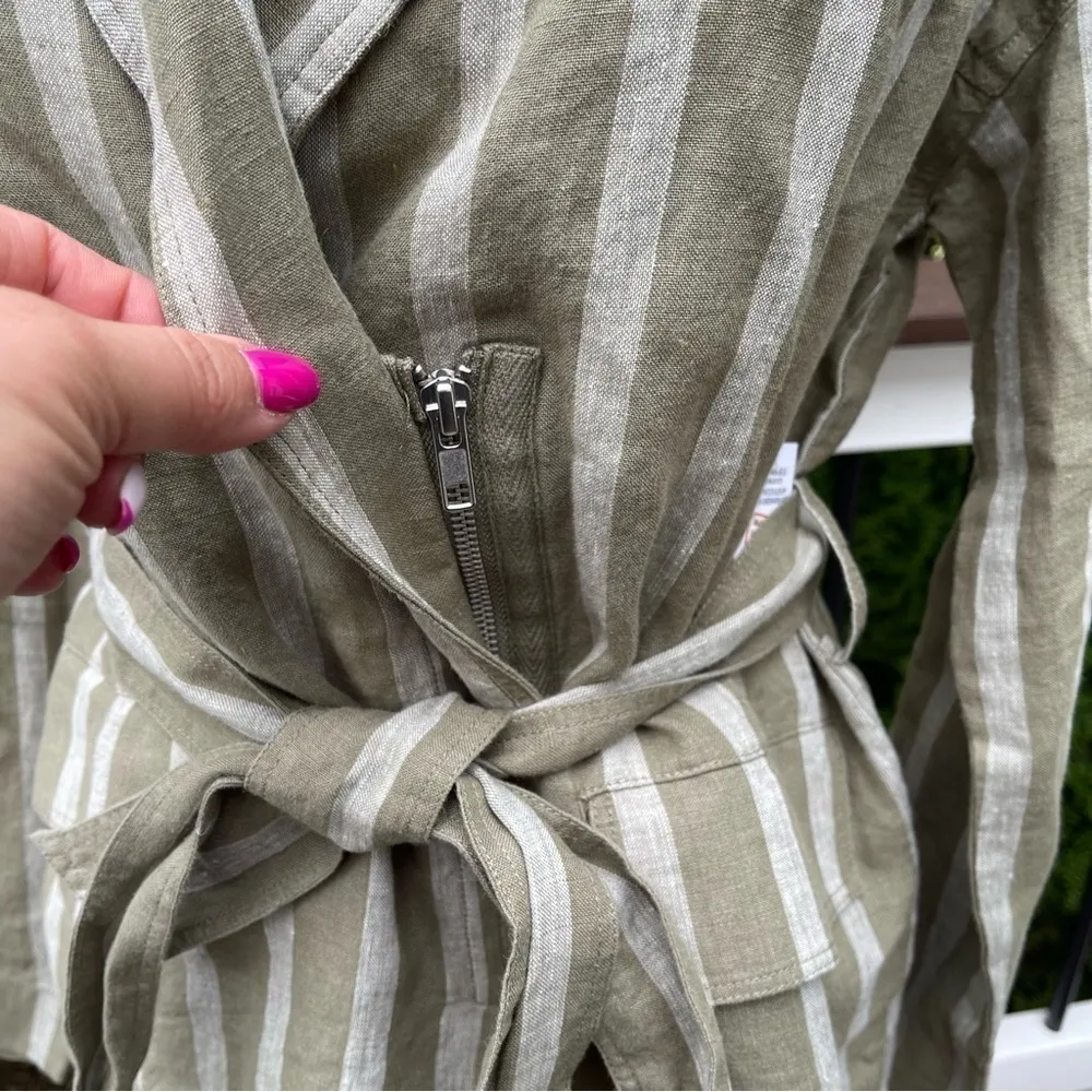 LORD & Taulor striped natural green and beige linen blazer zipped w belt Sz M Size M - Image 4