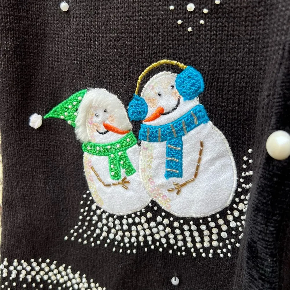 Vintage 90s Snowmen Winter Christmas Ugly Sweater Vest Black Applique XL - Image 2