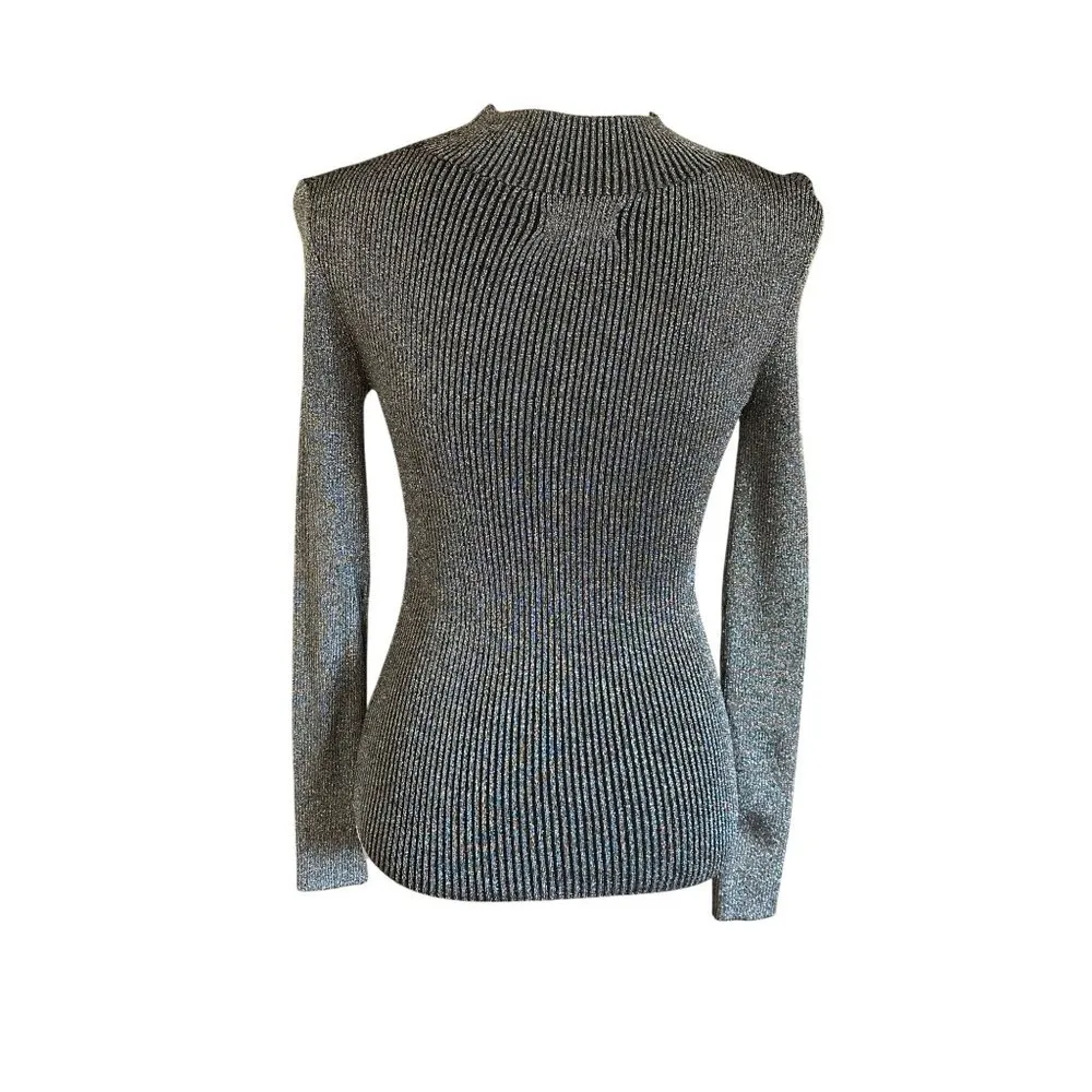 Metallic Silver Top Mock Neck Cut Out Ribbed Knit Long Sleeve Camille La Vie  M - Image 2