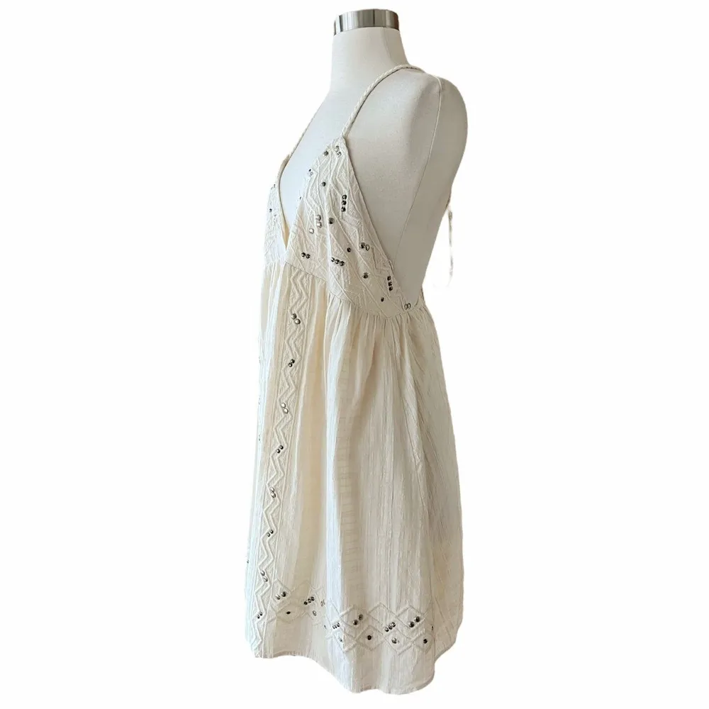 ZARA Mini Dress with Studs Sleeveless V-Neck Braided Straps Ecru White XL NWT - Image 8