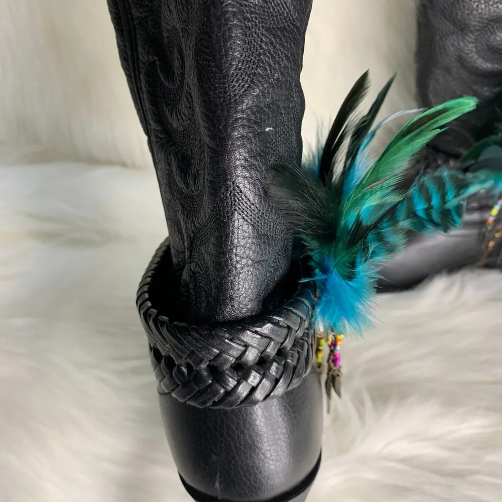 Handmade Womens Black Leather Feather Beaded Removable Boot Band One Size - Image 5