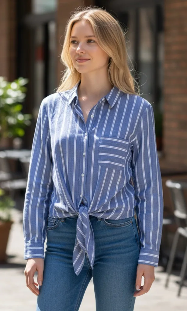 Ivanka Trump Blue Chambray Striped Button Down Tie Front Shirt Long Sleeve - Image 1