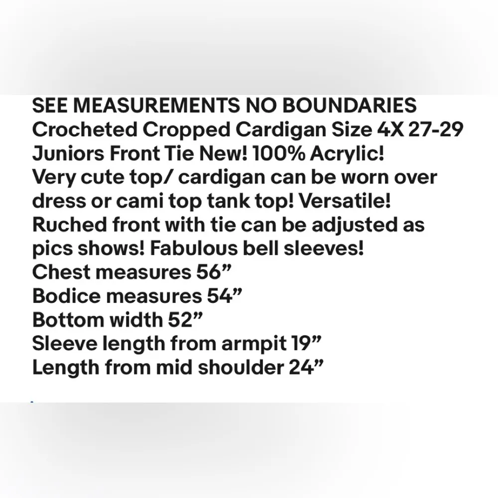 NO BOUNDARIES Crocheted Cropped Cardigan Size 4X 27-29 Juniors Front Tie New - Image 10