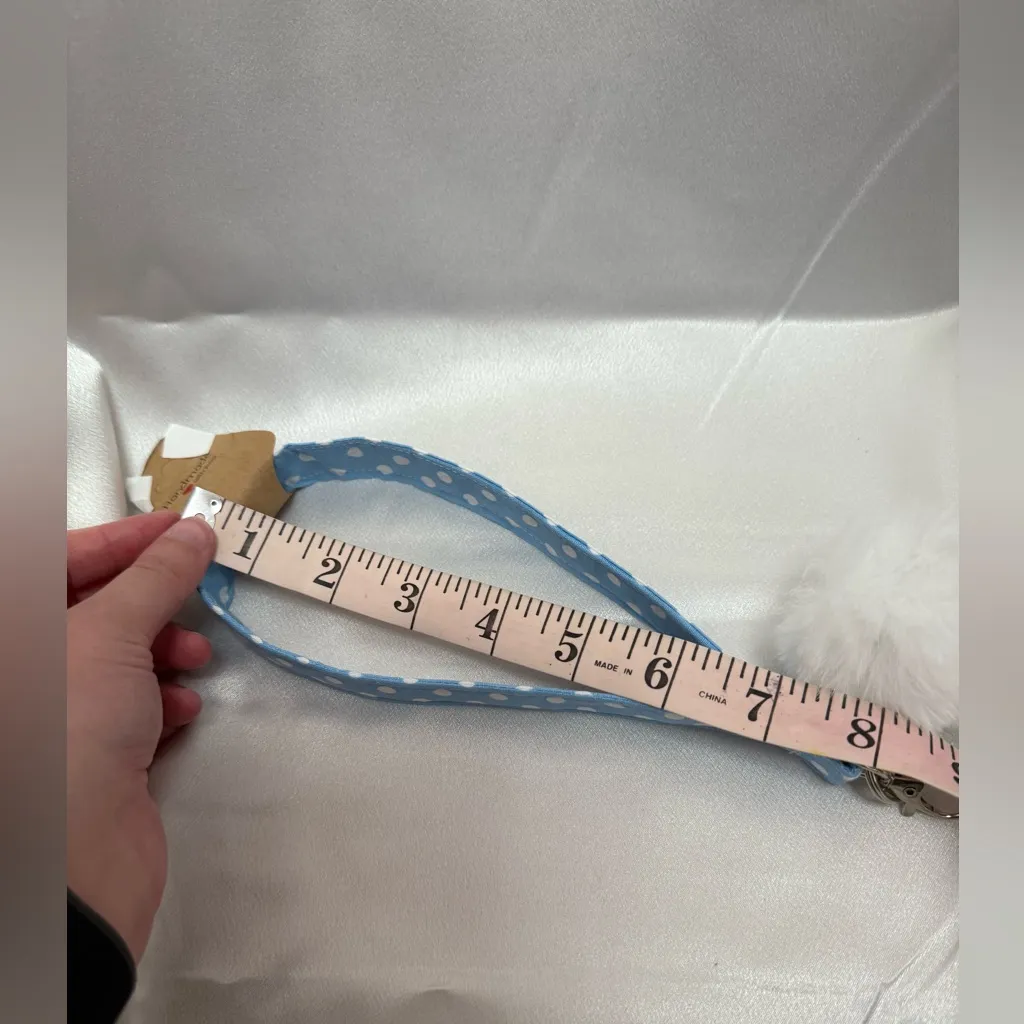 Handmade Blue and White Polka Dot Wristlet Keychain with White Pompom - Image 4