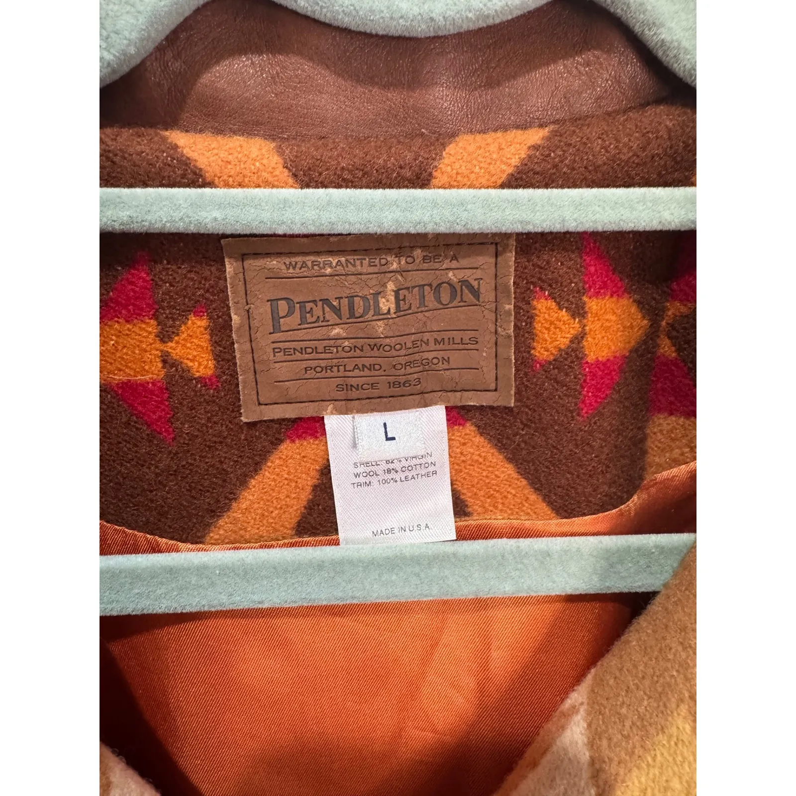 Vintage Pendleton Aztec Navajo Leather Wool blanket ranch car Coat jacket L - Image 11