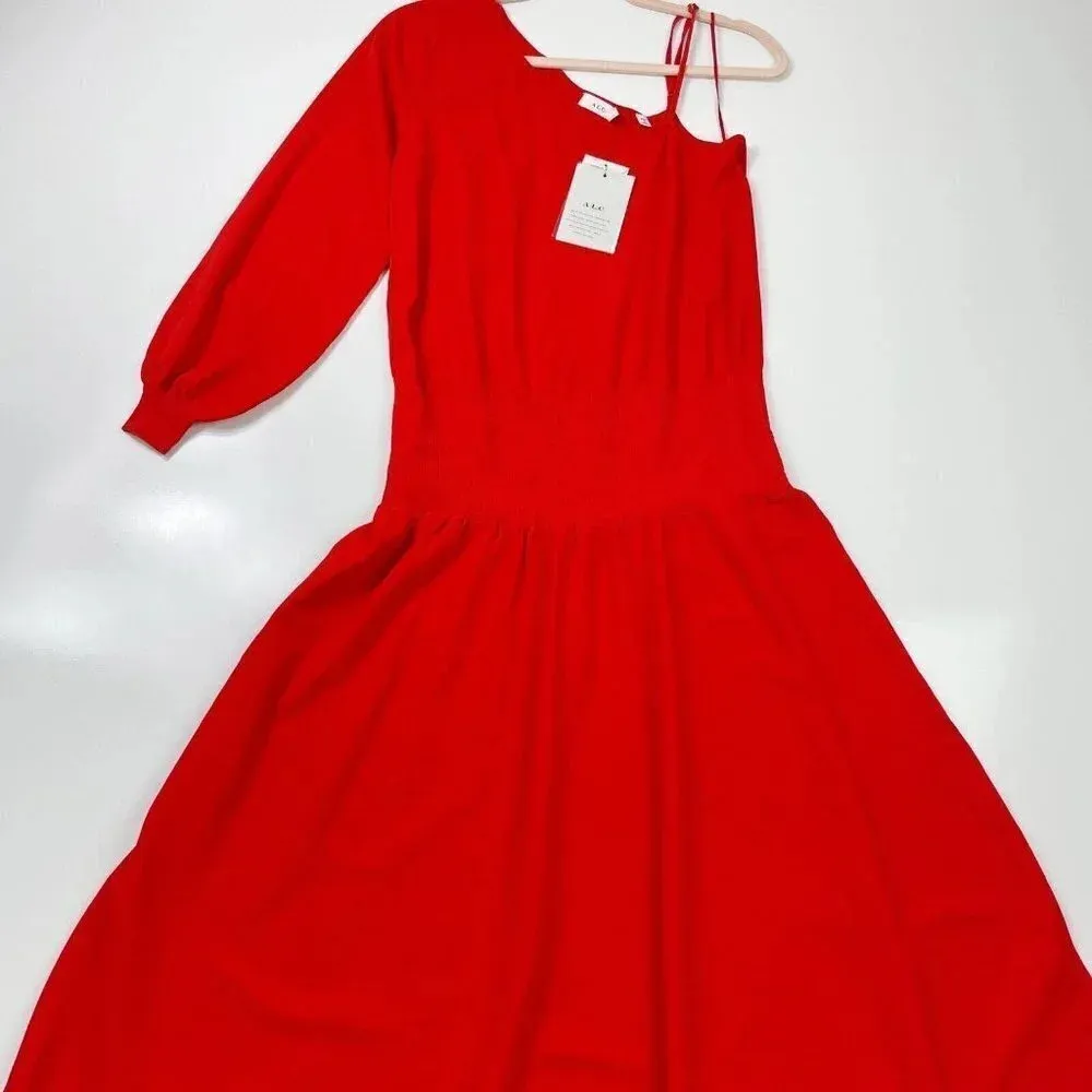 A.L.C. POPPY Red SHARA One Shoulder Blouson‎ Sleeve Knit Midi Skirt Dress Small - Image 3