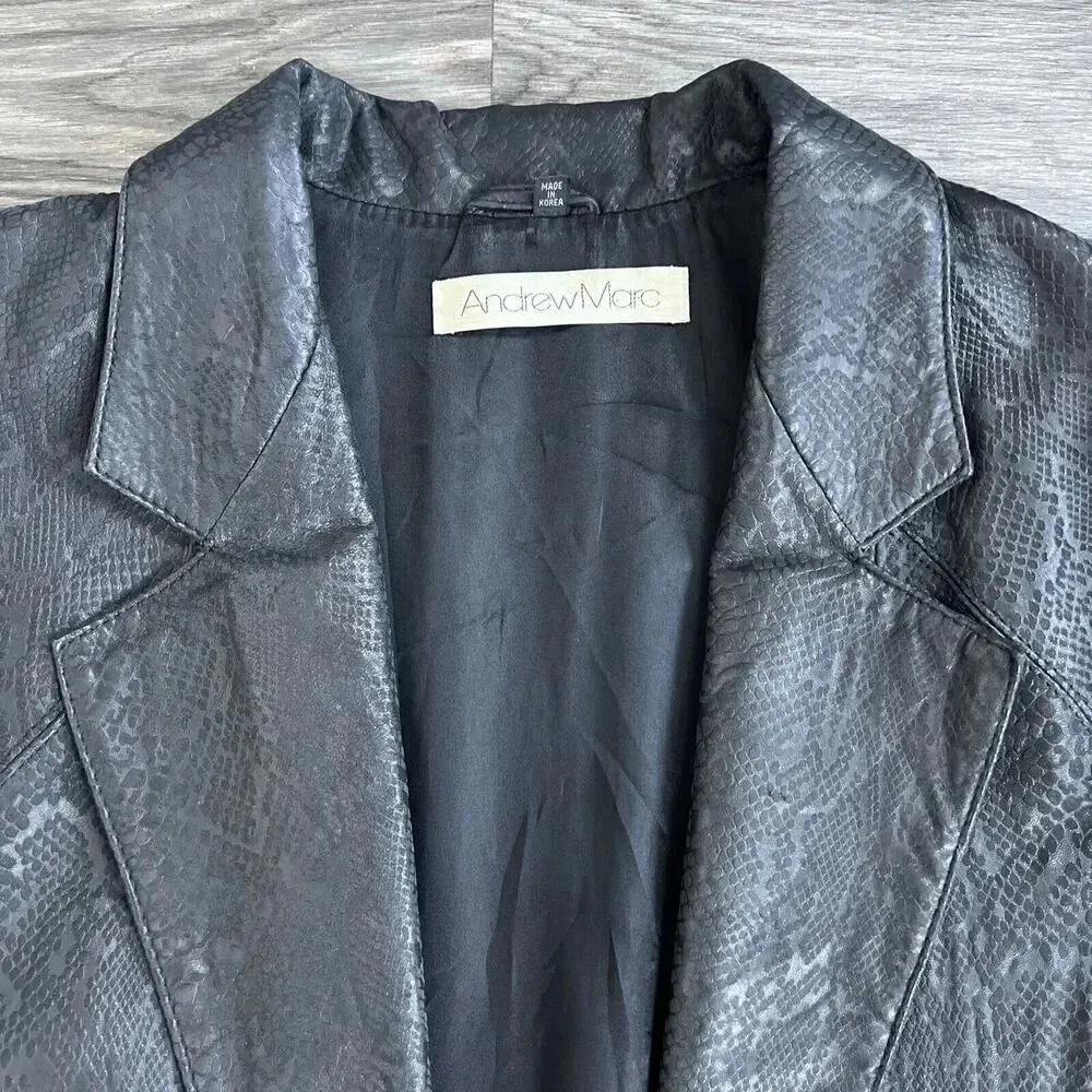 Andrew Marc Vintage Leather Trench Coat Black Snakeskin Moto Jacket Size Large - Image 3