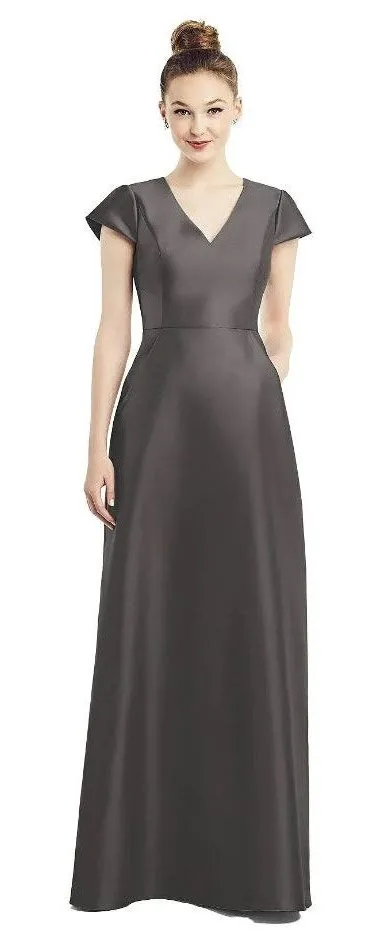 ALFRED SUNG D779 V-NECK SATIN CAP SLEEVE POCKETS CAVIER GRAY GOWN SIZE 10 NEW - Image 1