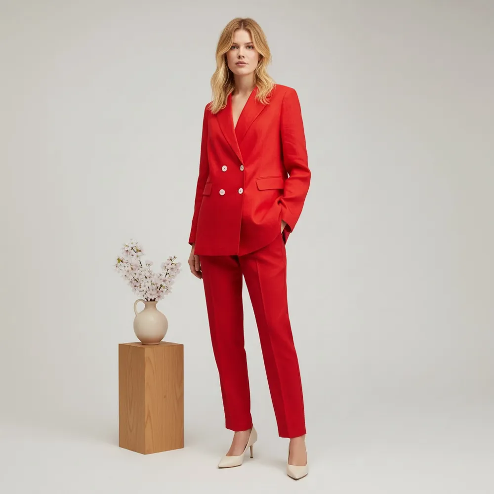 MANGO Double-Breasted Linen Cotton Suit Blazer Pants Set Red oversized Sz 1XL - Image 2