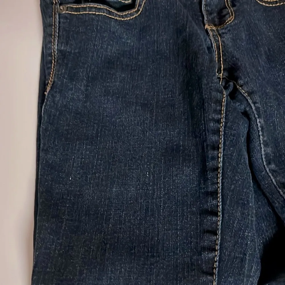 SO skinny dark wash jeans juniors size 1 xs gold orange stitch belt loops - Image 3