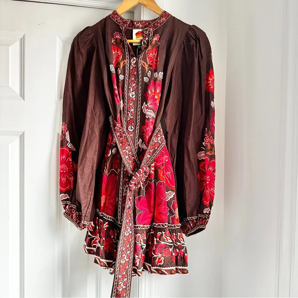 NWT Farm Rio Gigi Tapestry Belted Mini Dress Floral Brown and Red - Image 2