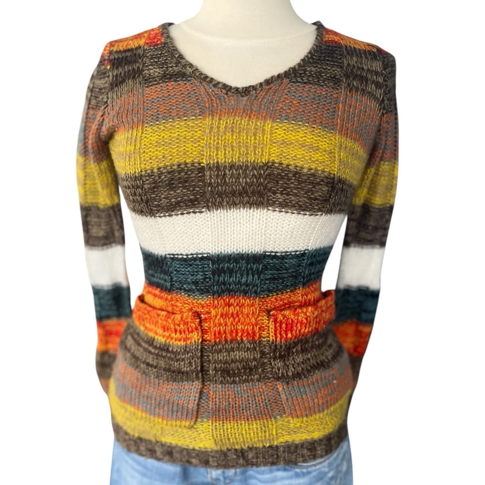 Vtg Y2K Soft Chunky Knit Striped Multicolor Patch Pockets Sweater Size XS Boho - Image 2
