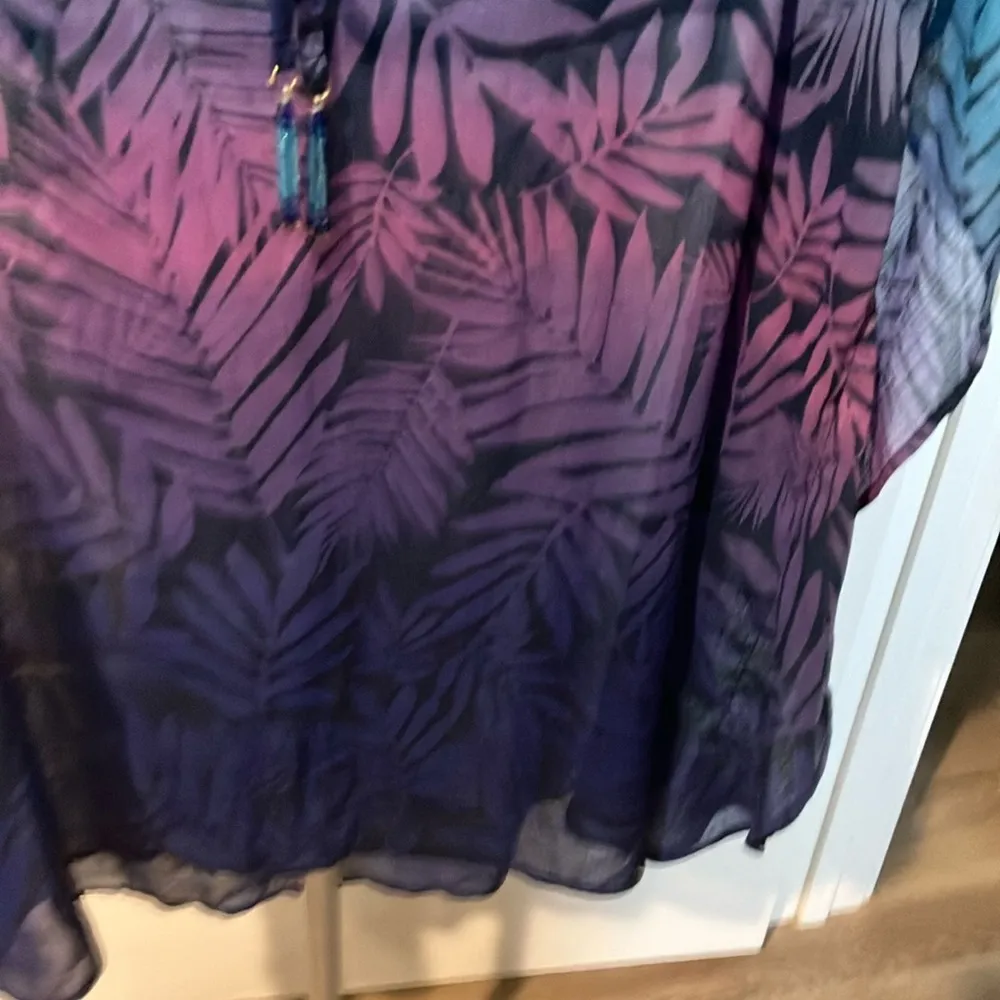 Blue and Purple Leaf Print beach cover up Kaftan tie front has seed beads - Image 4