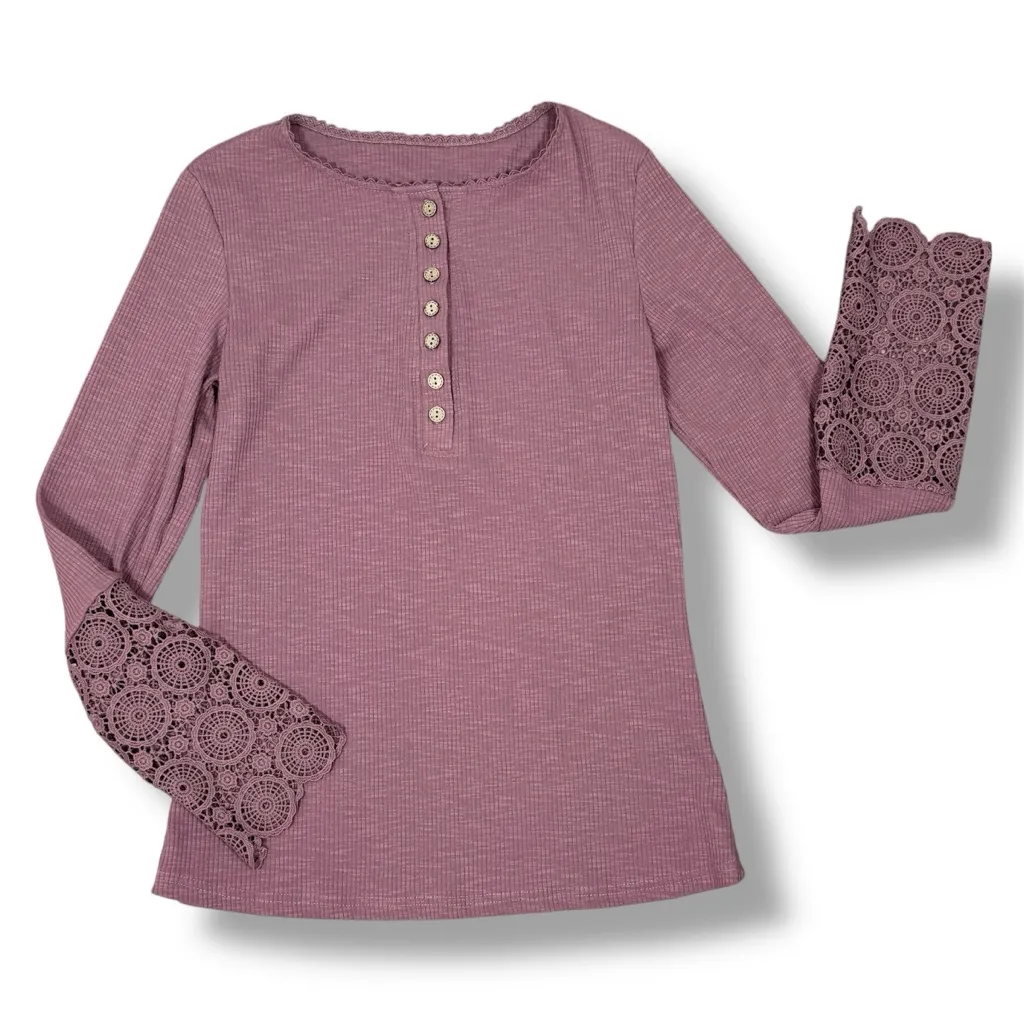 Ribbed Knit Lace Cuff Long Sleeve Henley Shirt Mauve Dusty Rose‎ Size Large Purple - Image 12