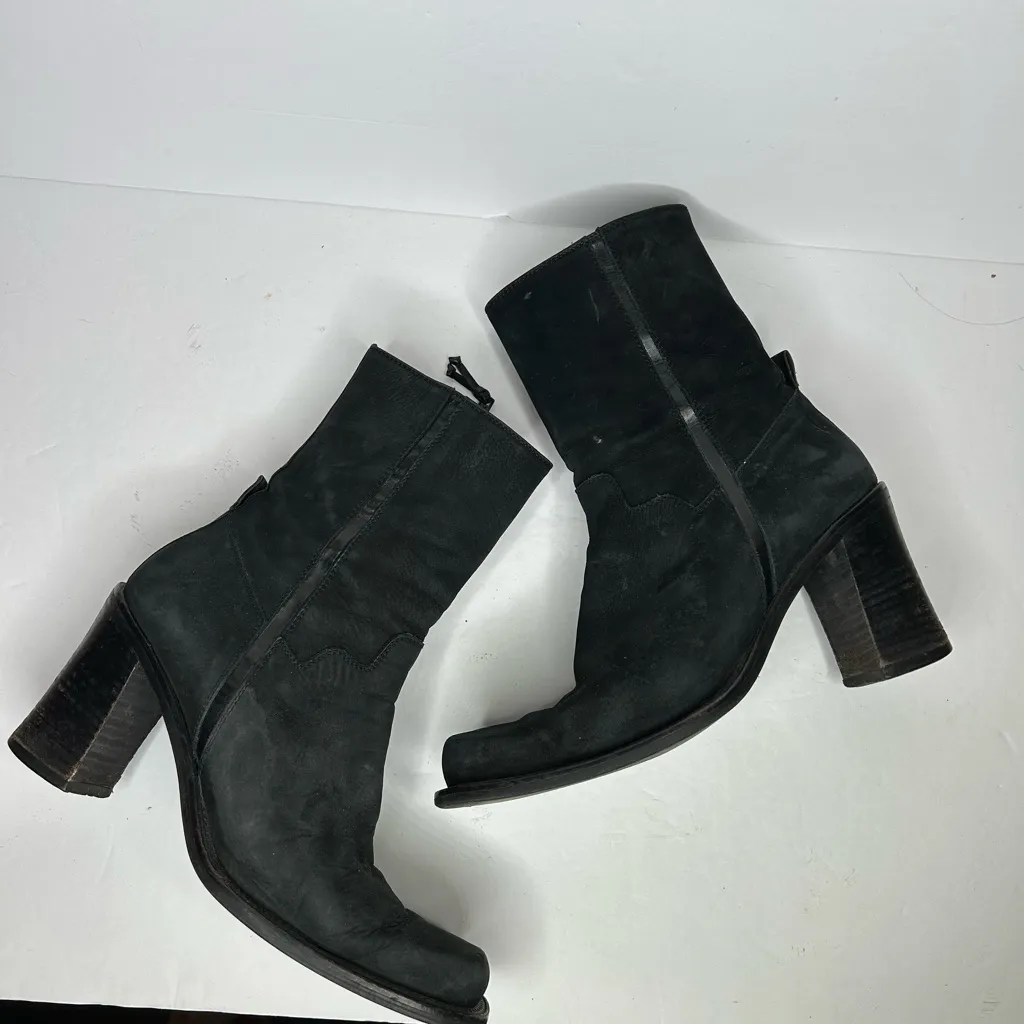 Y2K Black Suede Mid-Calf Boots Chunky Block Heel Square Toe 2000s Grunge - Image 8
