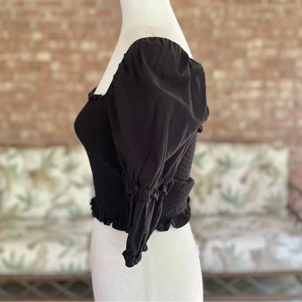 HYFVE Top Cropped Puff Sleeve Smocked Black S Trendy Romantic Feminine Chic - Image 6
