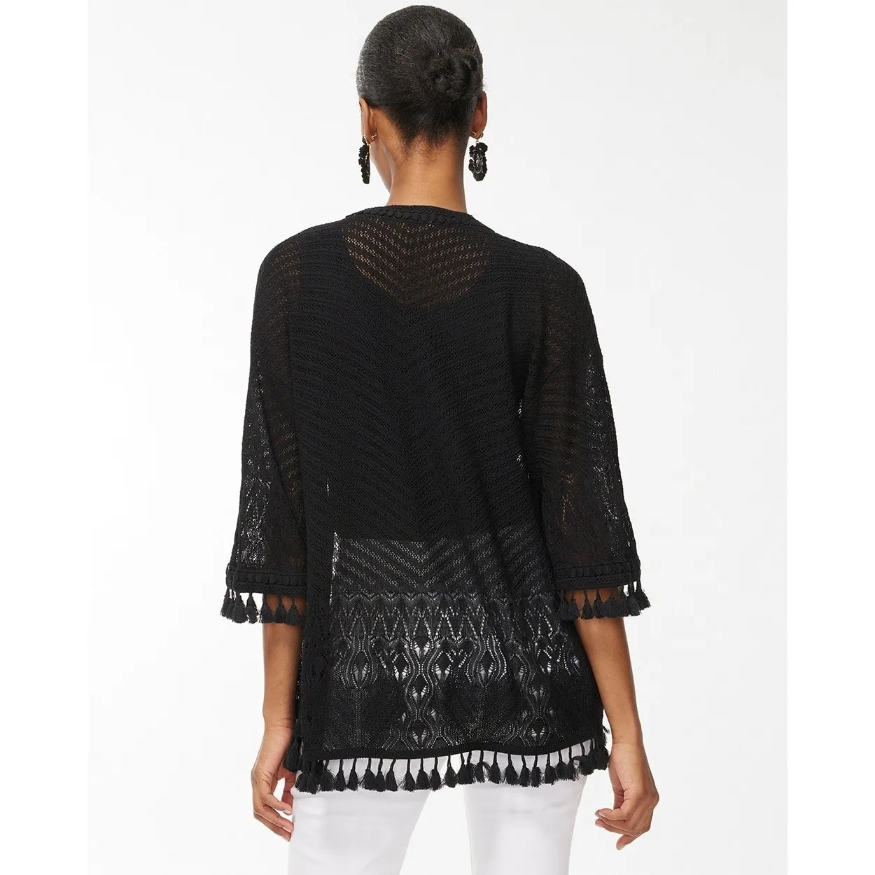Chicos Tassel Trim Crochet Open Black Boho Cardigan Sweater Lightweight 0 S new - Image 8