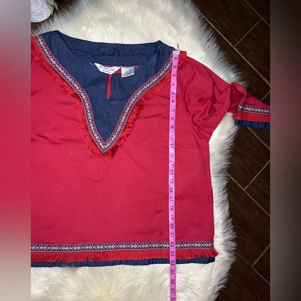 Victoria Jones Women Red/denim fringe linen blouse sz 2X Red - Image 6