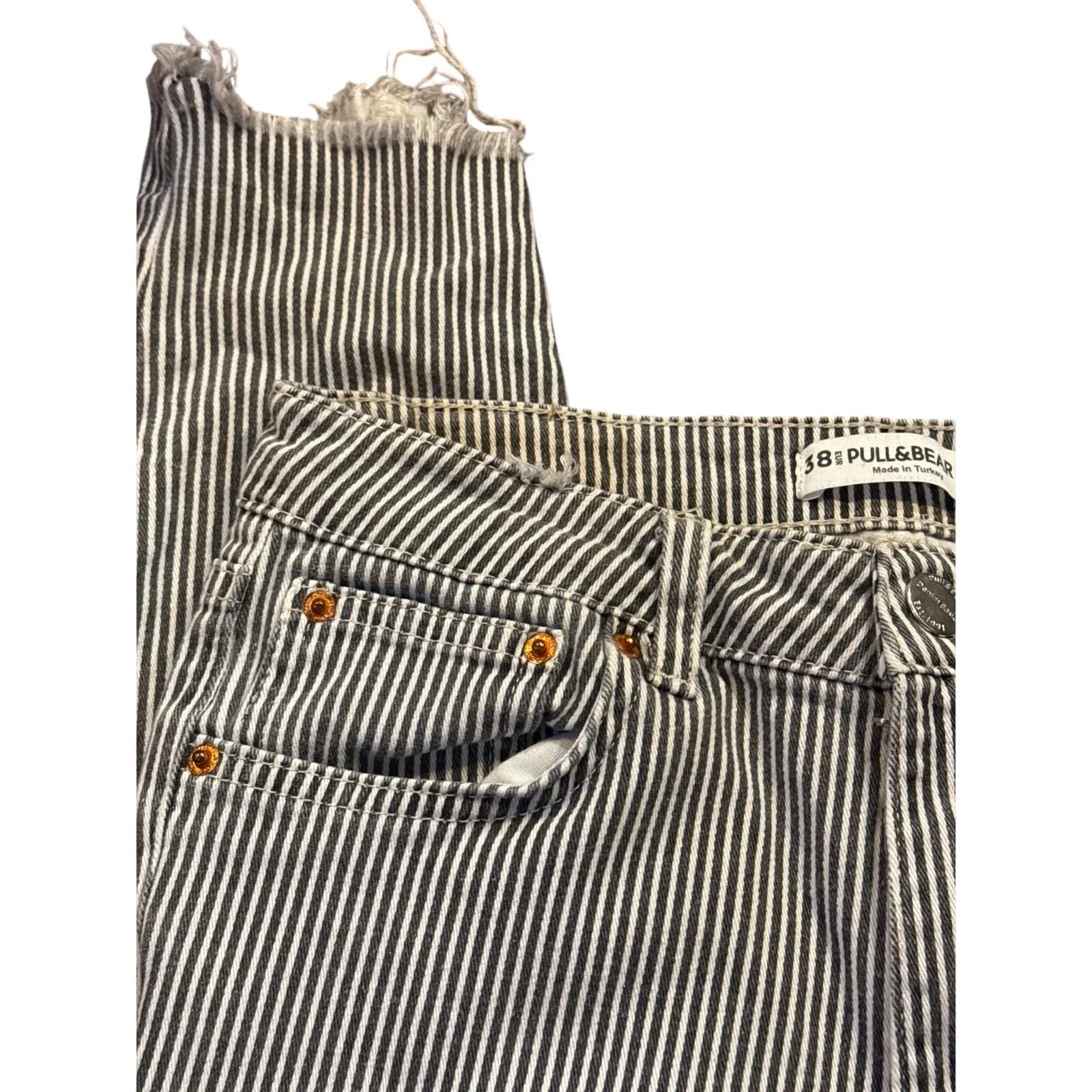 PULL&BEAR Striped Skinny Crop Jeans Sz 28 Gray White Raw Hem Stretch Cotton - Image 7
